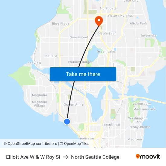 Elliott Ave W & W Roy St to North Seattle College map