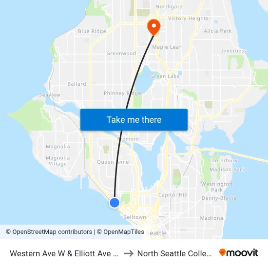 Western Ave W & Elliott Ave W to North Seattle College map