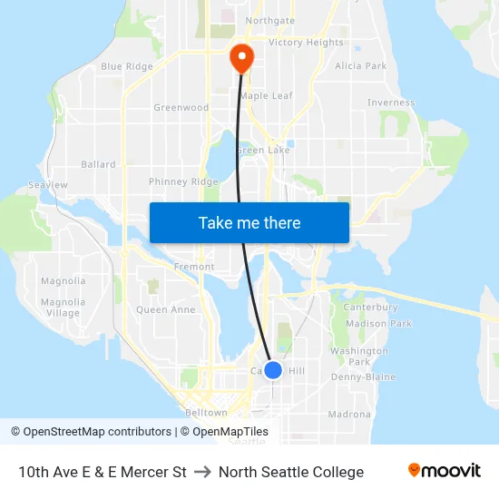 10th Ave E & E Mercer St to North Seattle College map