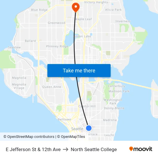 E Jefferson St & 12th Ave to North Seattle College map