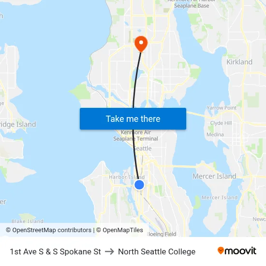 1st Ave S & S Spokane St to North Seattle College map