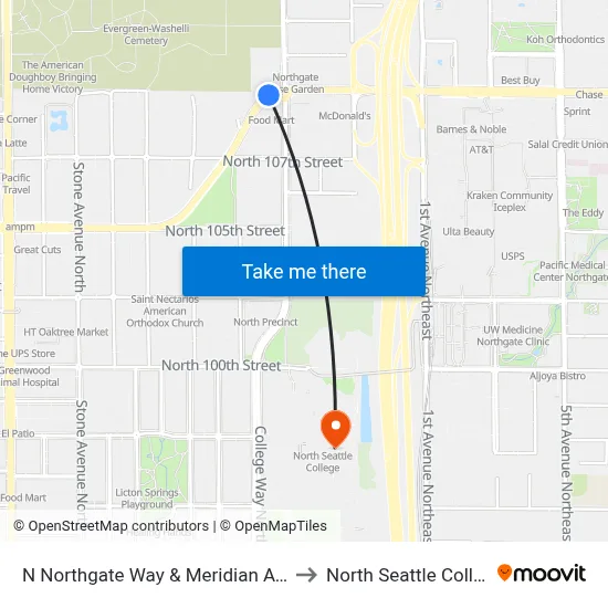 N Northgate Way & Meridian Ave N to North Seattle College map