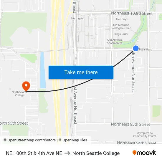 NE 100th St & 4th Ave NE to North Seattle College map