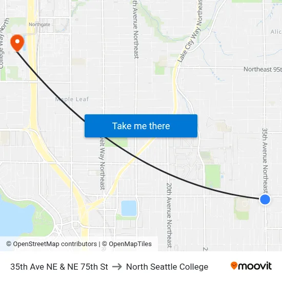 35th Ave NE & NE 75th St to North Seattle College map