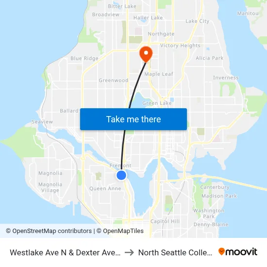 Westlake Ave N & Dexter Ave N to North Seattle College map