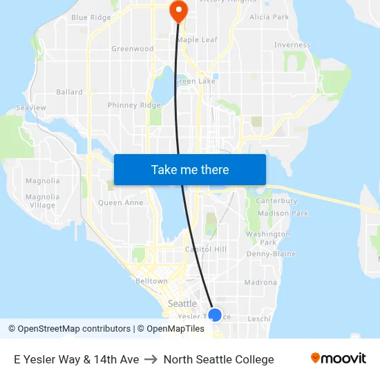 E Yesler Way & 14th Ave to North Seattle College map