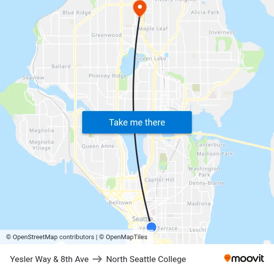 Yesler Way & 8th Ave to North Seattle College map