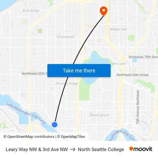 Leary Way NW & 3rd Ave NW to North Seattle College map