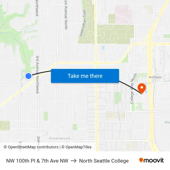 NW 100th Pl & 7th Ave NW to North Seattle College map