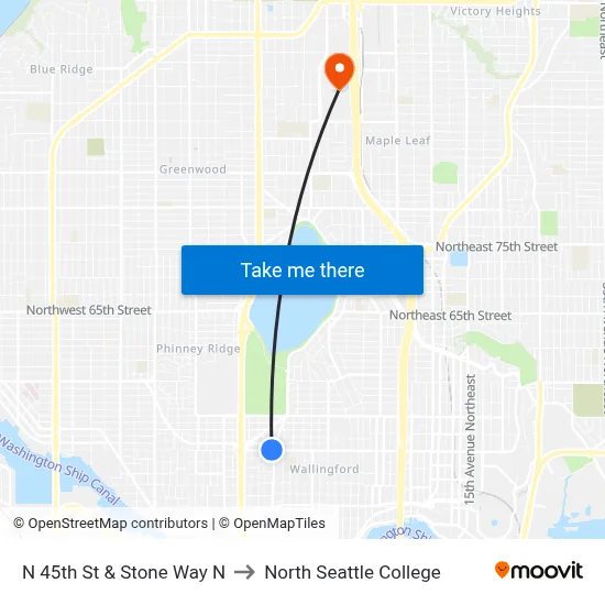 N 45th St & Stone Way N to North Seattle College map