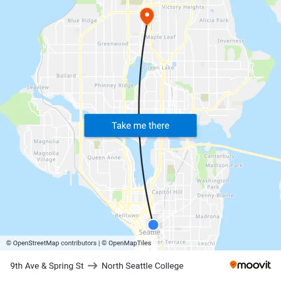 9th Ave & Spring St to North Seattle College map