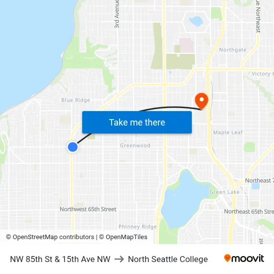 NW 85th St & 15th Ave NW to North Seattle College map