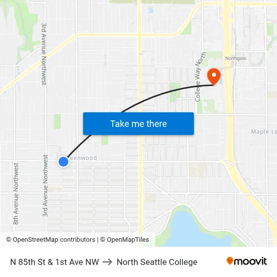 N 85th St & 1st Ave NW to North Seattle College map