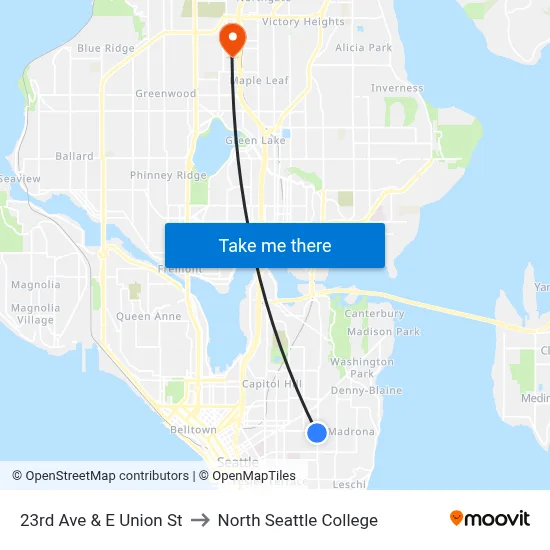 23rd Ave & E Union St to North Seattle College map
