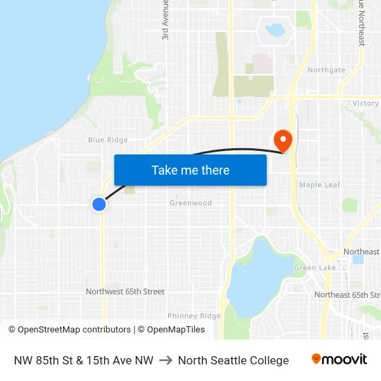 NW 85th St & 15th Ave NW to North Seattle College map