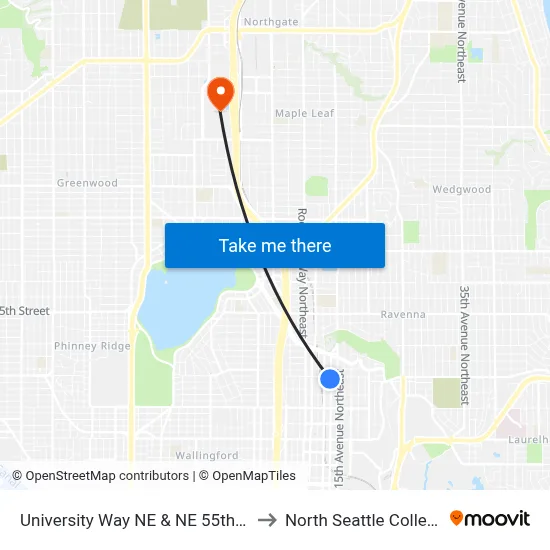 University Way NE & NE 55th St to North Seattle College map