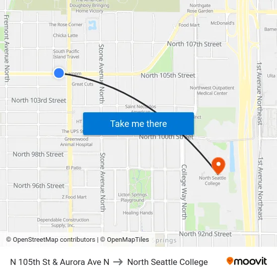 N 105th St & Aurora Ave N to North Seattle College map
