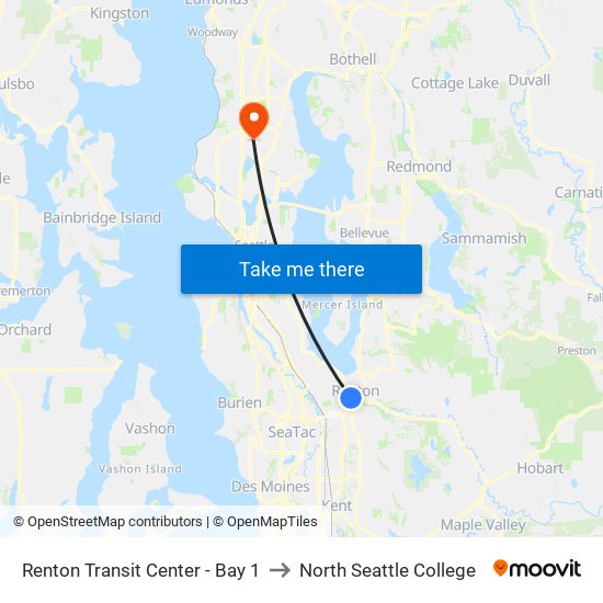 Renton Transit Center - Bay 1 to North Seattle College map