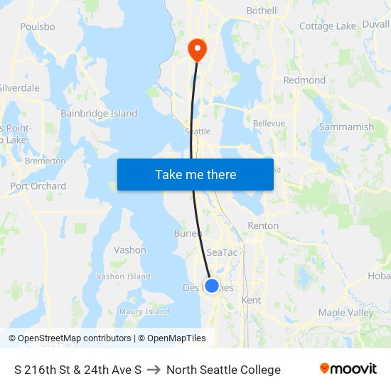 S 216th St & 24th Ave S to North Seattle College map