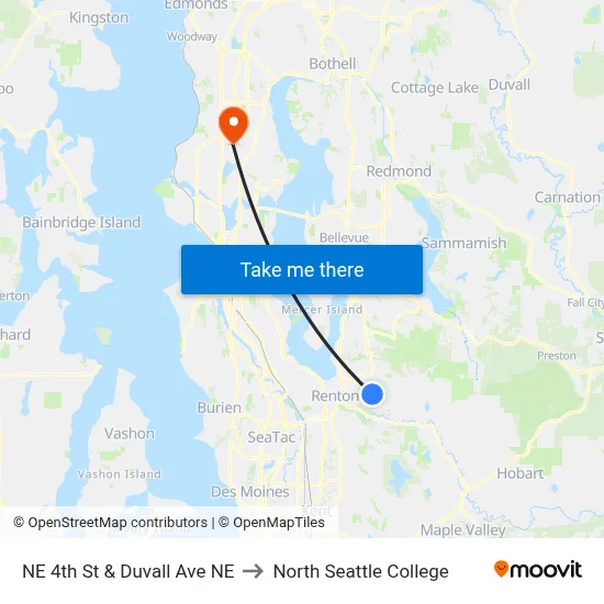 NE 4th St & Duvall Ave NE to North Seattle College map