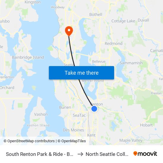 South Renton Park & Ride - Bay 2 to North Seattle College map