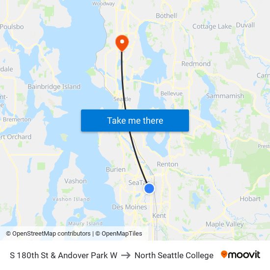 S 180th St & Andover Park W to North Seattle College map