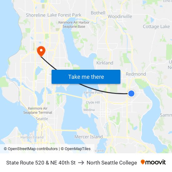 State Route 520 & NE 40th St to North Seattle College map