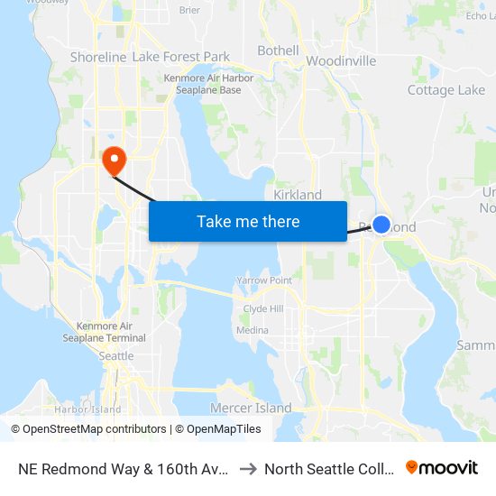 NE Redmond Way & 160th Ave NE to North Seattle College map