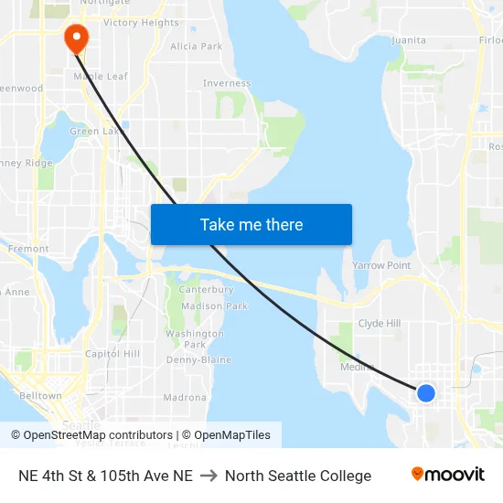 NE 4th St & 105th Ave NE to North Seattle College map