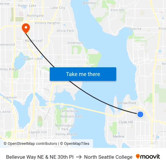 Bellevue Way NE & NE 30th Pl to North Seattle College map
