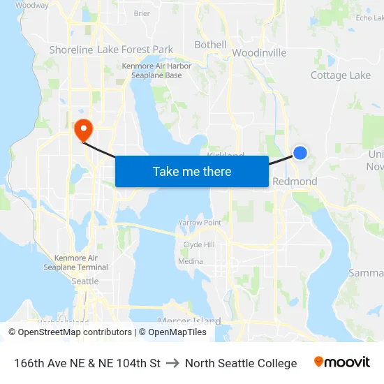 166th Ave NE & NE 104th St to North Seattle College map