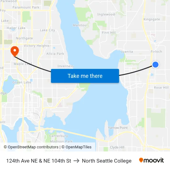 124th Ave NE & NE 104th St to North Seattle College map