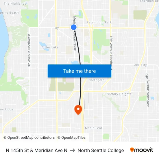 N 145th St & Meridian Ave N to North Seattle College map