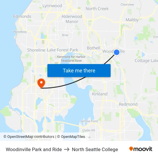 Woodinville Park and Ride to North Seattle College map