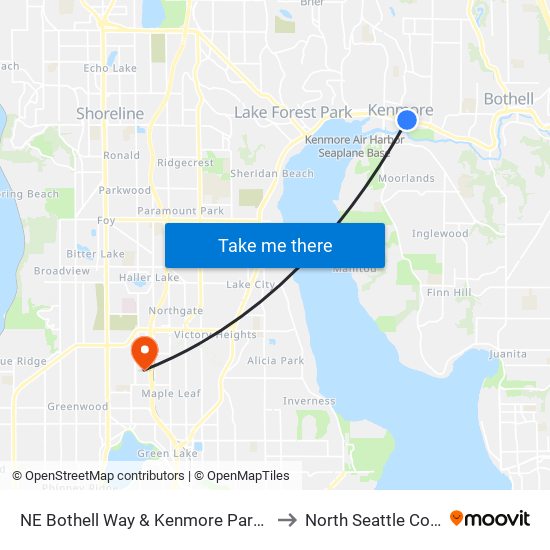 NE Bothell Way & Kenmore Park & Ride to North Seattle College map