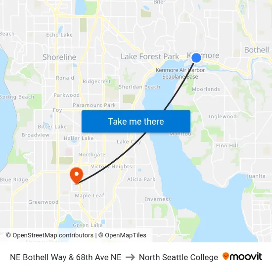 NE Bothell Way & 68th Ave NE to North Seattle College map