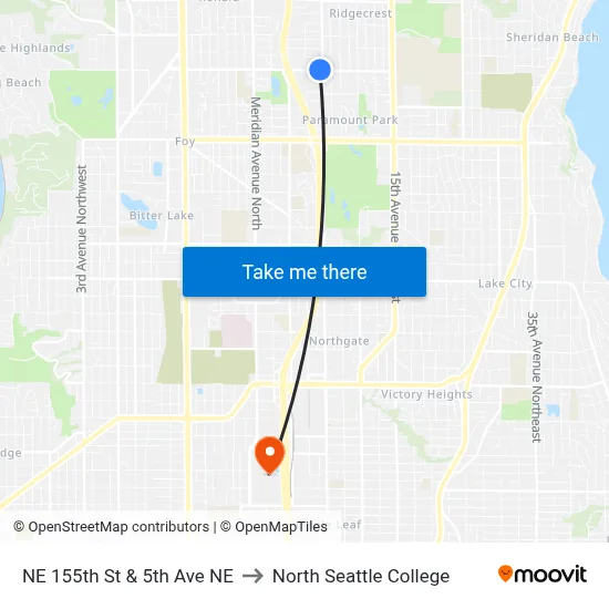 NE 155th St & 5th Ave NE to North Seattle College map