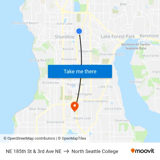 NE 185th St & 3rd Ave NE to North Seattle College map