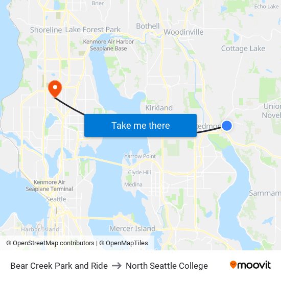 Bear Creek Park and Ride to North Seattle College map