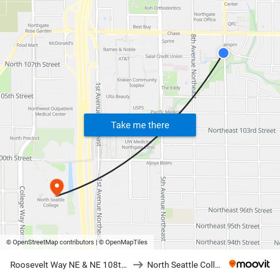 Roosevelt Way NE & NE 108th St to North Seattle College map