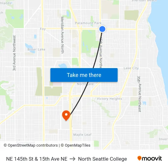NE 145th St & 15th Ave NE to North Seattle College map