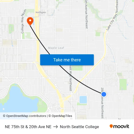NE 75th St & 20th Ave NE to North Seattle College map