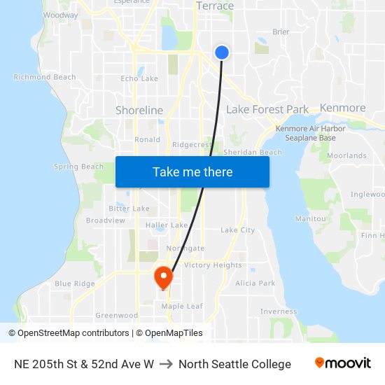 NE 205th St & 52nd Ave W to North Seattle College map