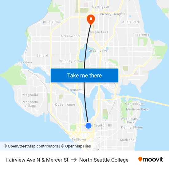 Fairview Ave N & Mercer St to North Seattle College map
