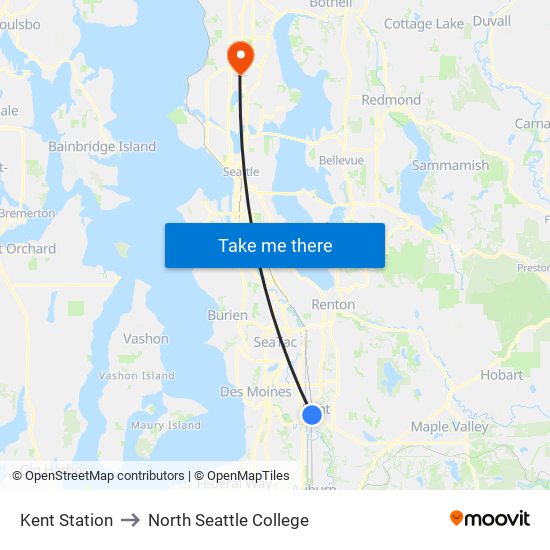 Kent Station to North Seattle College map