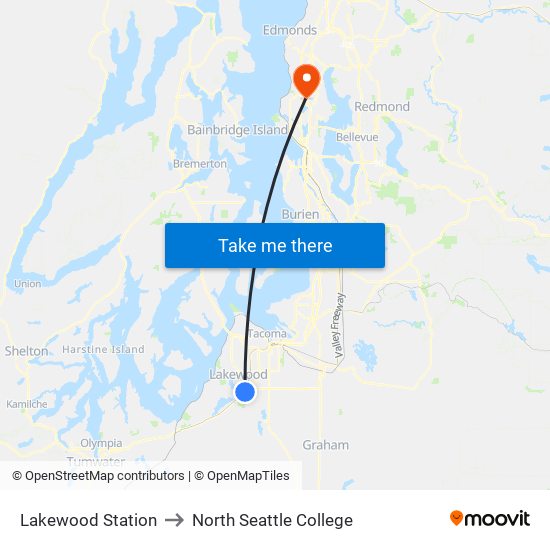 Lakewood Station to North Seattle College map