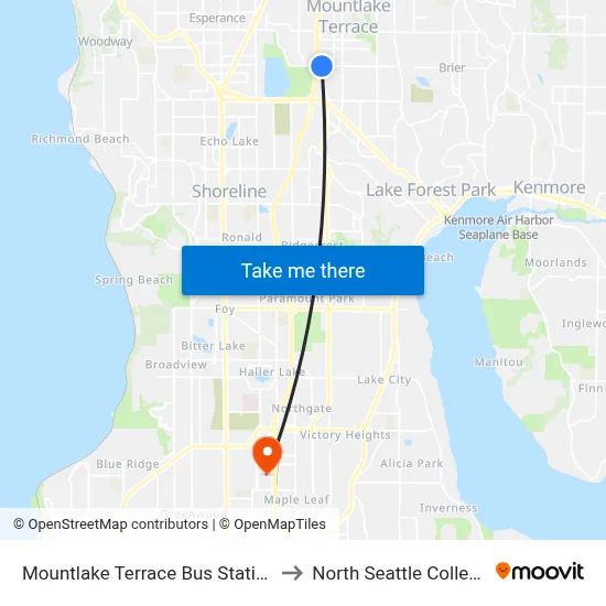 Mountlake Terrace Bus Station to North Seattle College map