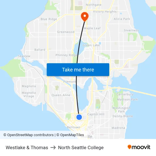 Westlake & Thomas to North Seattle College map