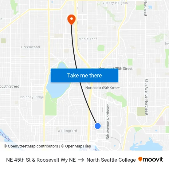 NE 45th St & Roosevelt Wy NE to North Seattle College map