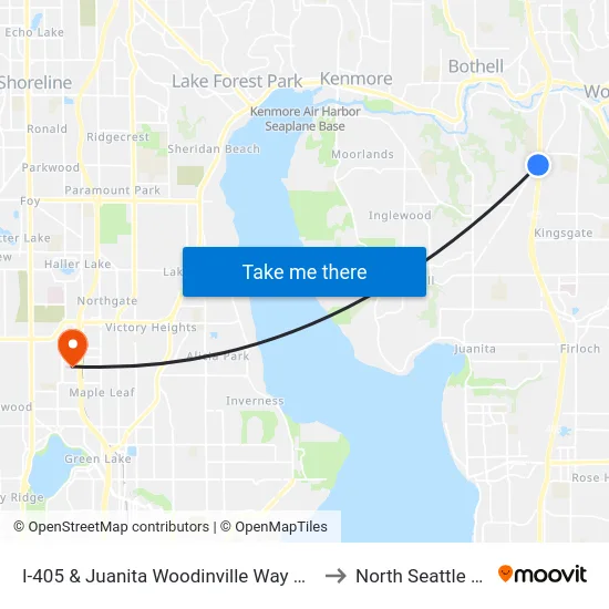 I-405 & Juanita Woodinville Way NE (Brickyard) to North Seattle College map